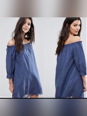Abercrombie & Fitch Periwinkle Blue Off-Shoulder Floral Lace Embroidered Dress